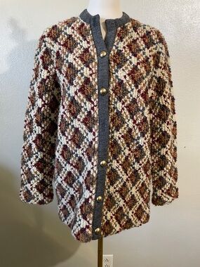 Vintage Dalton Boucle Merino Wool Cardigan Womens Size 14 16 Retro Fit Textured